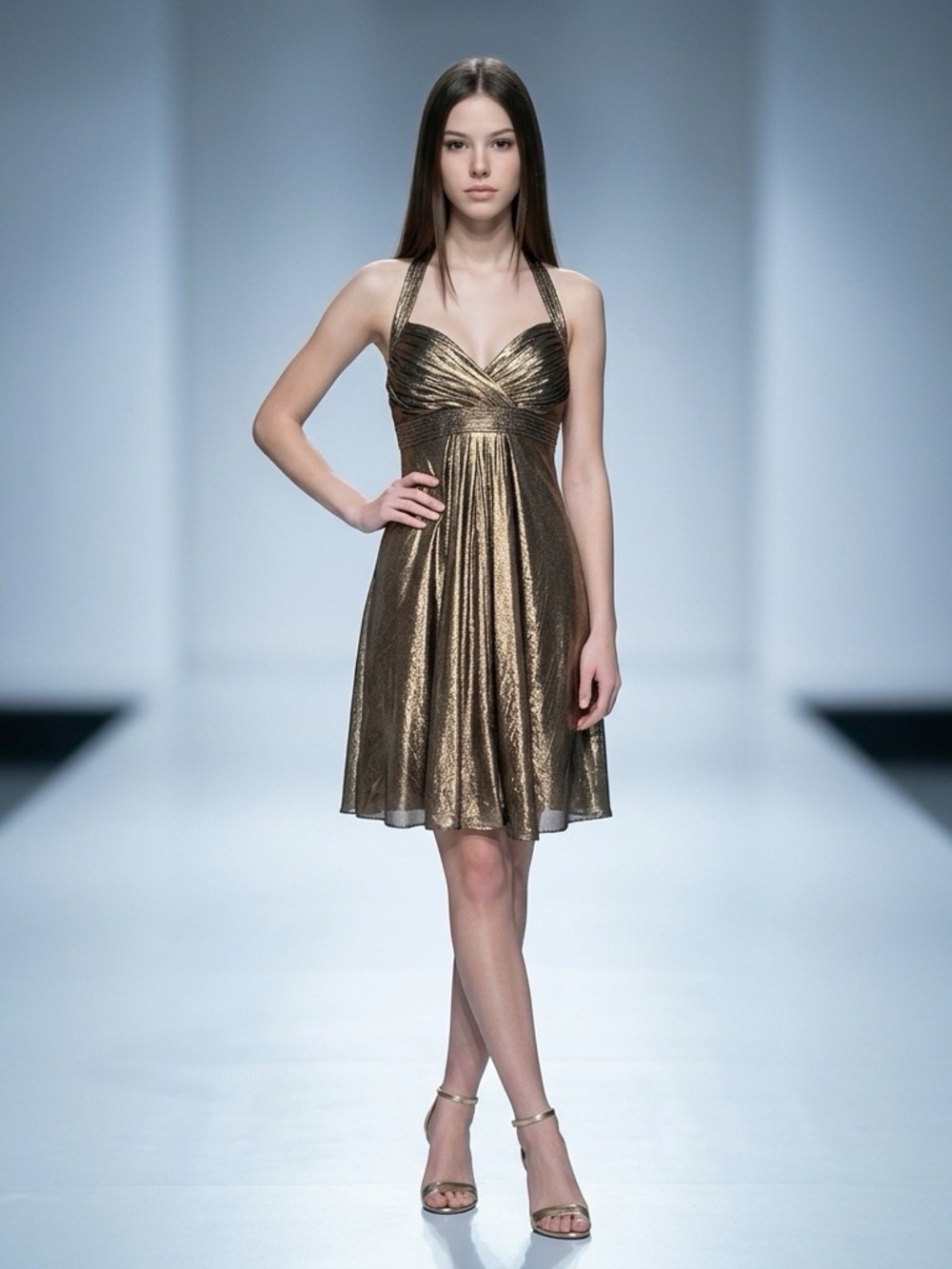 Badgley Mischka Bronze Metallic Halter Cocktail Dress Size 6